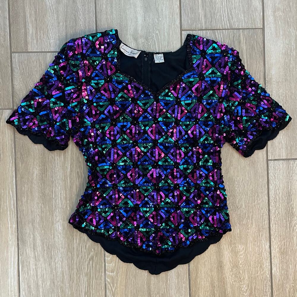 Vintage Laurence Kazar Sequin Silk Top Womens M Multicolor Beaded Party Blouse